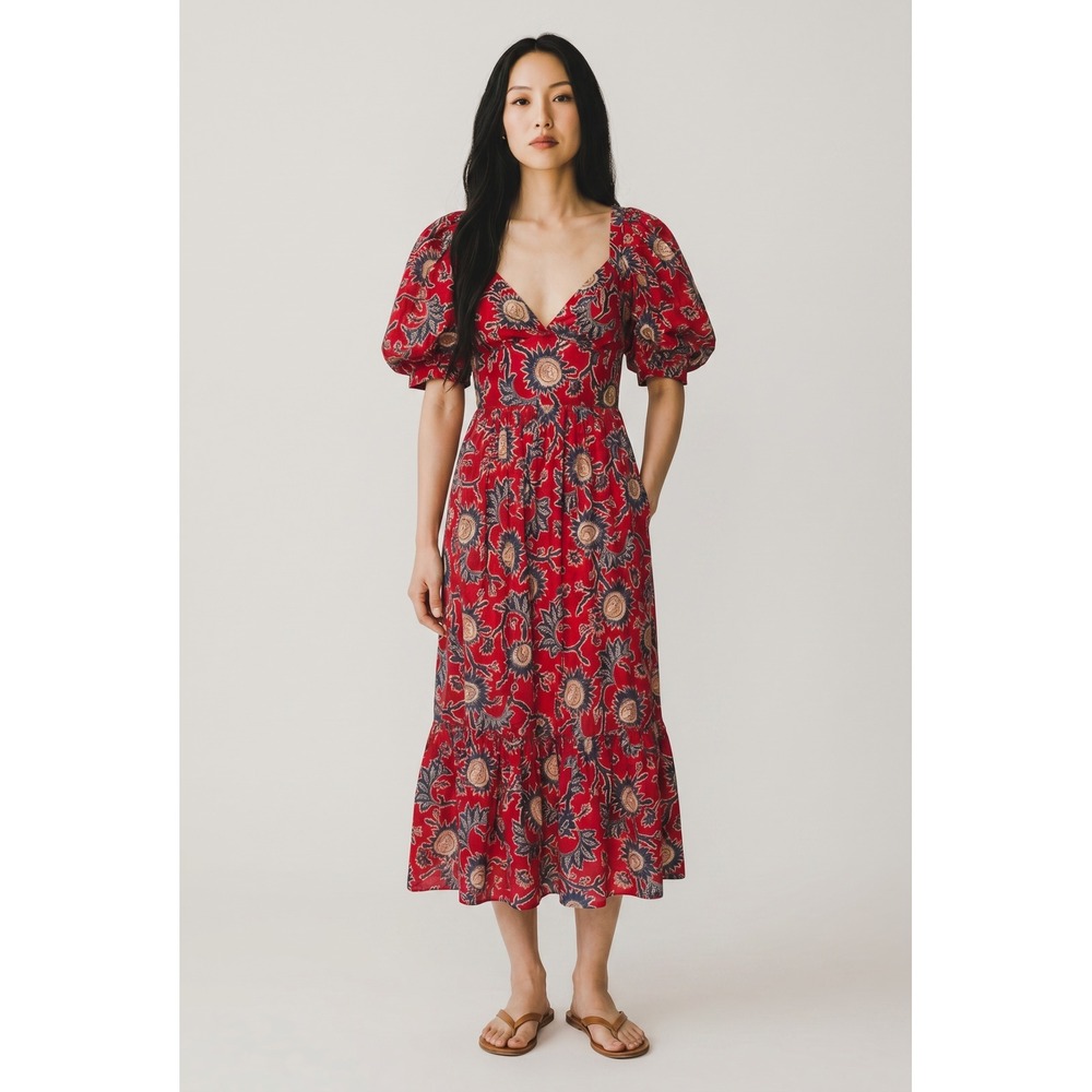 House of Harlow 1960 Red Floral Puff Sleeve Midi Dress Large Sweetheart Neck